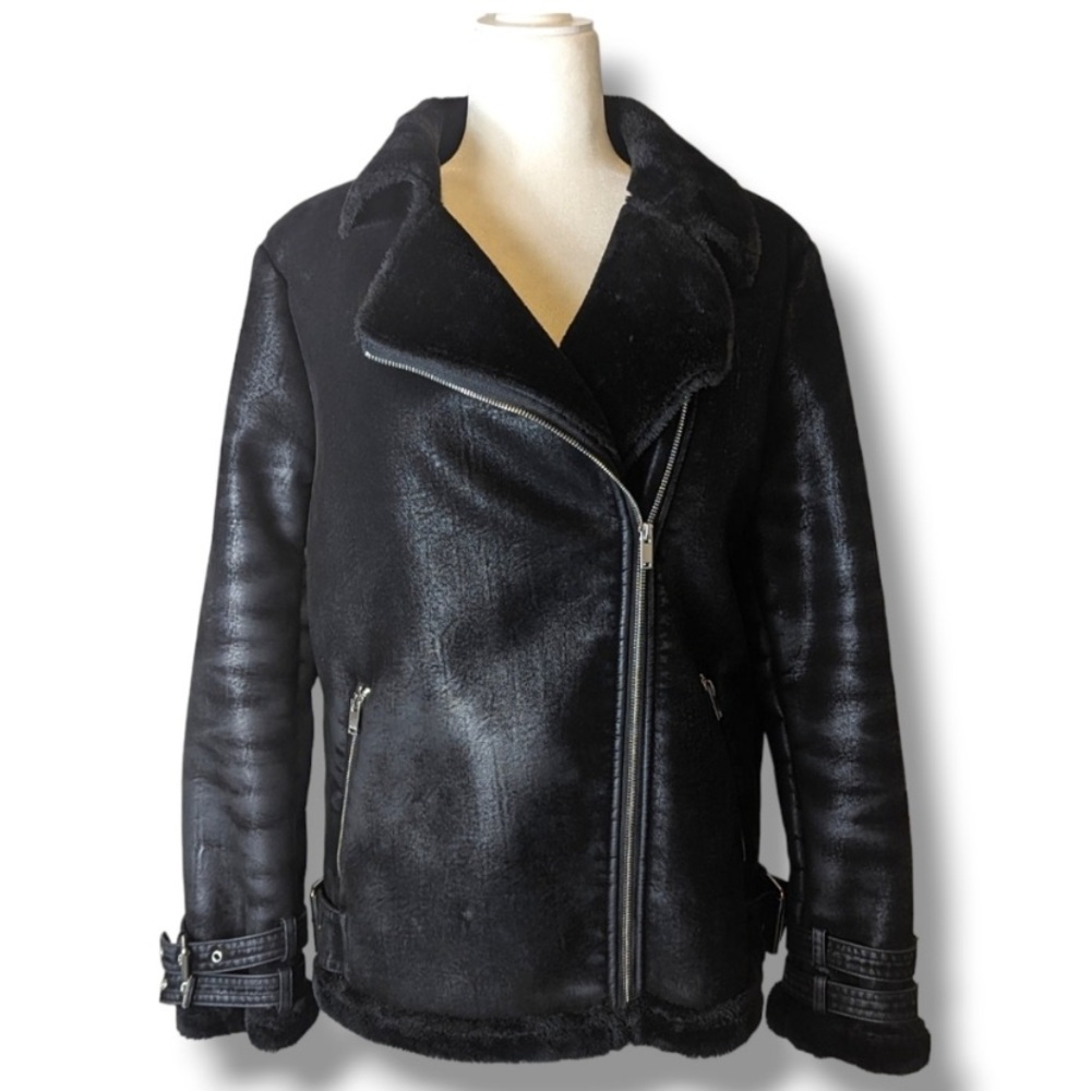 Missguided Aviator Faux Leather Bomber Motorcycle Jacket with Faux Fur: US 6